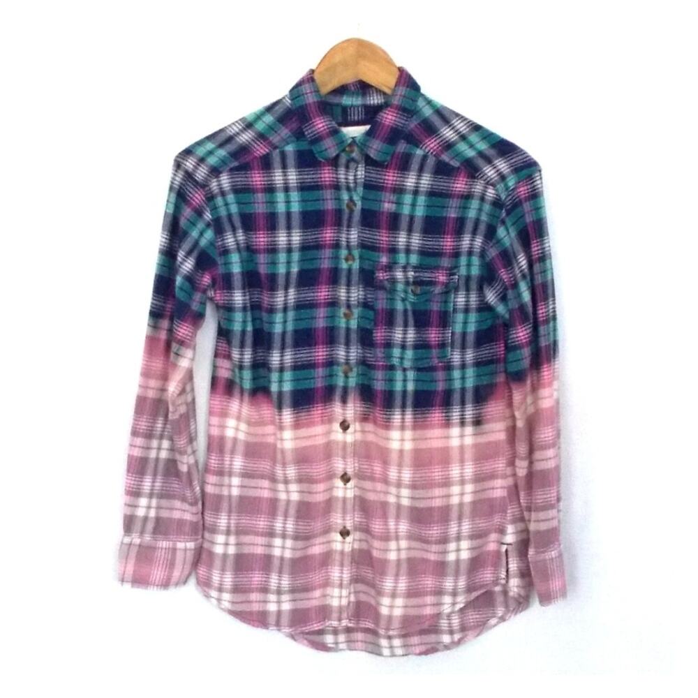 Custom Upcycled Bleached Blue Purple Plaid Button Down Shirt Dip Dye Sz XS